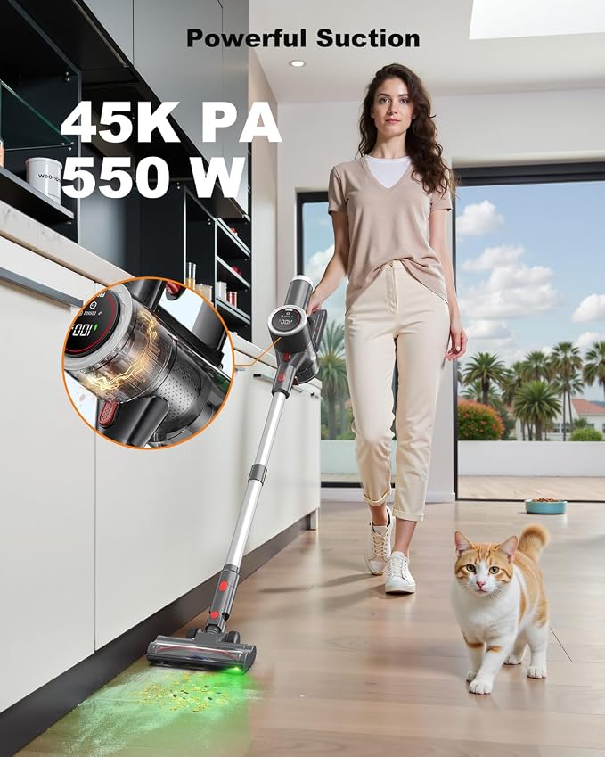 Cordless Vacuum Cleaner for Home, 6-in-1 Stick Vacuum Cordless Rechargeable with LED Display & Green Floor Lights, Lightweight Vacuum Cleaners for Home Pet Hair Hardwood Carpet - Silver
