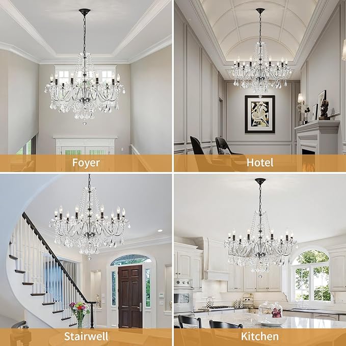 Large Crystal Chandelier, Modern Black Crystal Chandeliers for Dining Room Light Fixture, 10-Lights Large Black Pendant Light Fixtures Luxury Chandelier for Living Room Bedroom Foyer Entryway D26.8''