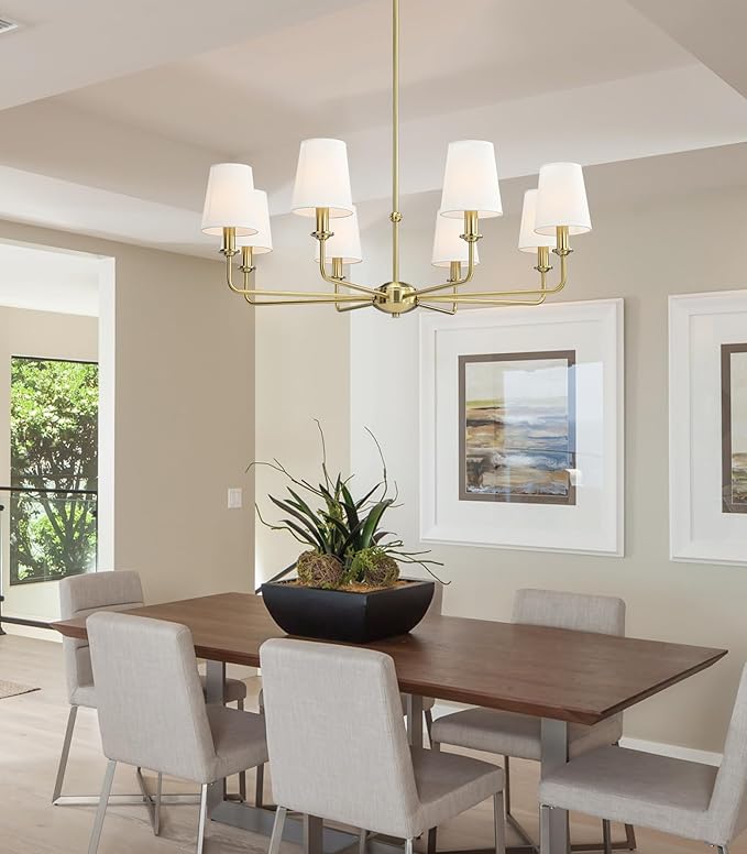 40.5'' 8-Light Brushed Gold Chandelier, E12 Base, White Fabric Shade - Farmhouse & Industrial Style Pendant Light for Dining Room Living Room Bedroom Kitchen
