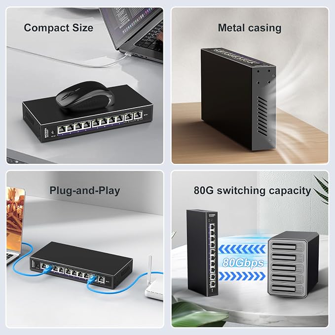 10Gbe Ethernet Switch Unmanaged with 2 x 10Gb RJ45 Ports + 8 x 2.5Gb Base-T Ports, Desktop/Wall Mount NICGIGA 10 Port 10Gbps Network Switch for Wireless AP, NAS, PC
