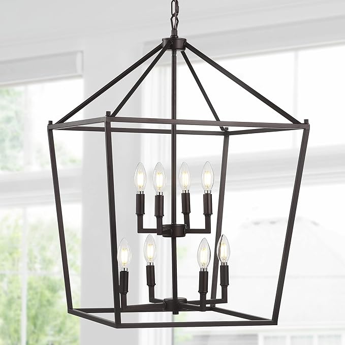 JONATHAN Y 20" Oil Rubbed Bronze Lantern Pendant Light, 8-Light Pagoda Style Metal Cage Farmhouse Hanging Ceiling Fixture for Kitchen Island, LED Bulb Included (JYL7438A)