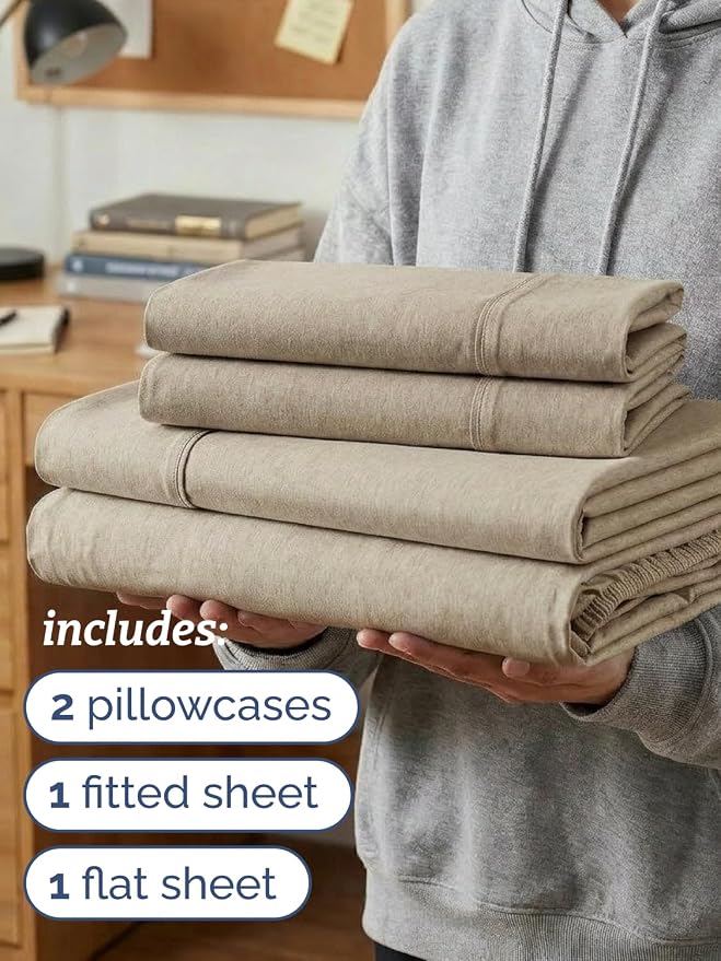 Twin XL 4 Piece Sheet Set - Comfy Breathable & Cooling - Soft Hotel Luxury Bedding Set w/ 8-16 Inch Deep Pockets - 1 Flat & 1 Fitted Sheet & 2 Pillowcases - Wrinkle Free & Easy Care - Heathered Beige