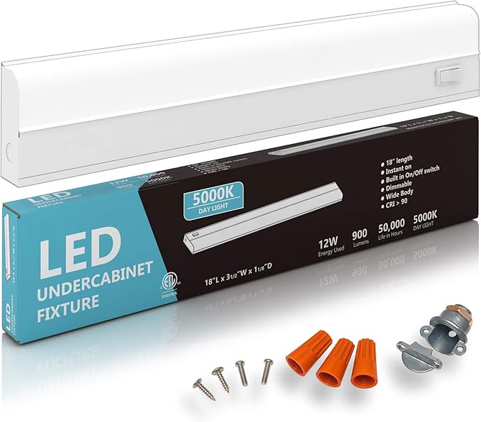 Hardwired LED Under Cabinet Task Lighting - 12 Watt, 18", Dimmable, CRI>90, 5000K (Day Light), Wide Body, Long Lasting Metal Base with Frost Lens