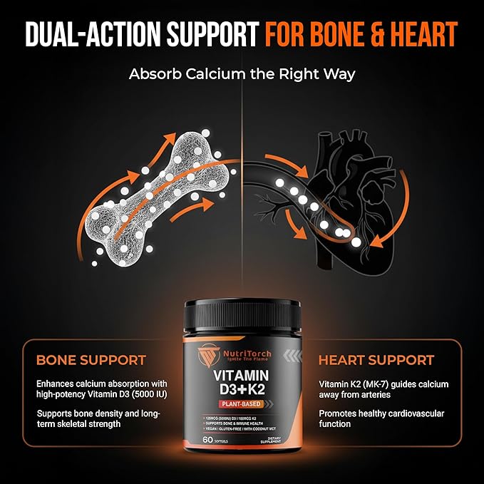 Complément alimentaire végétal Vitamine D3 + K2, 5000 UI D3, 100 mcg K2, 60 gélules, végétalien, sans gluten avec MCT de noix de coco pour la santé des os et du système immunitaire