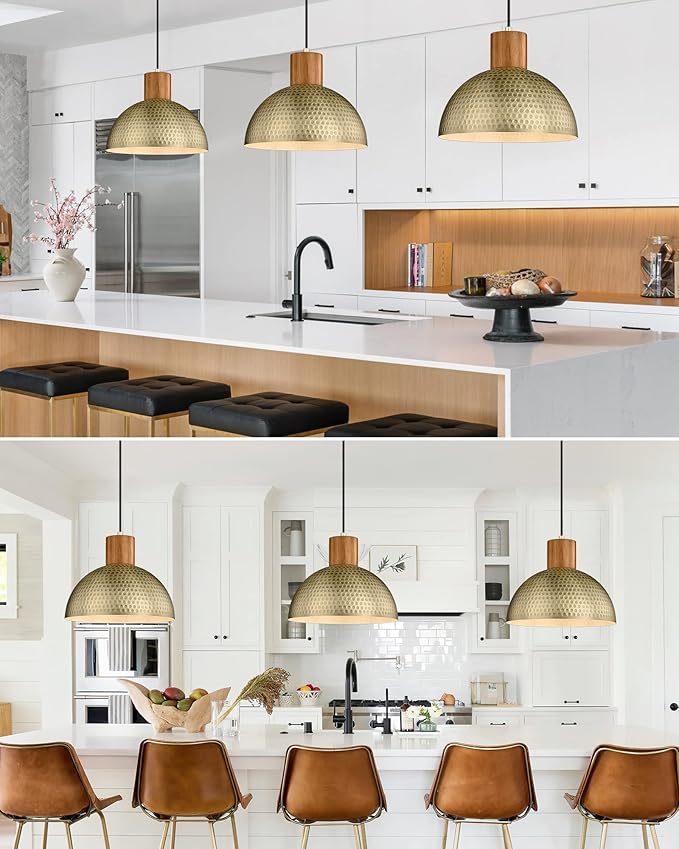 ELYONA 2 Pack Hammered Pendant Lights 12” Vintage Metal & Wood Dome Hanging Lamp Antique Gold Industrial Kitchen Pendant Light Fixtures for Island, Farmhouse, Dining Room, Sink, Hallway, Brushed Brass