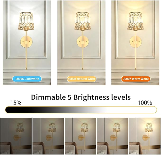 Gold Battery Operated Wall Sconces Set of 2, Crystal Rechargeable Wireless Wall Sconce Light Fixtures for Home Decor, Dimmable 12 RGB and 3CCT Wall Lamps with Remote for Living Room Bedroom Hallway