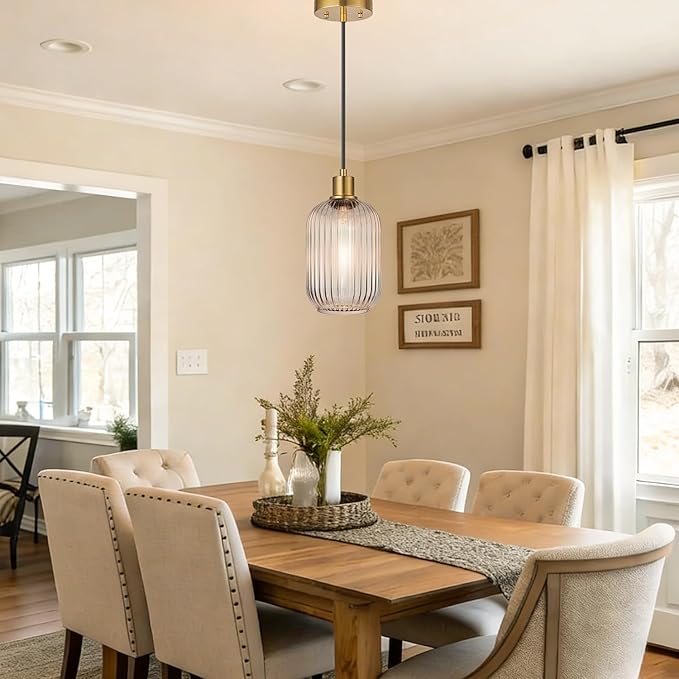 2 Pack 11"-70" Height Adjustable Clear Cylinder Pendant Lights Kitchen Island with Ribbed Lampshade, Brushed Gold Hanging Light Fixture, Pendant Lighting for Kitchen Island (Bulbs Not Included)