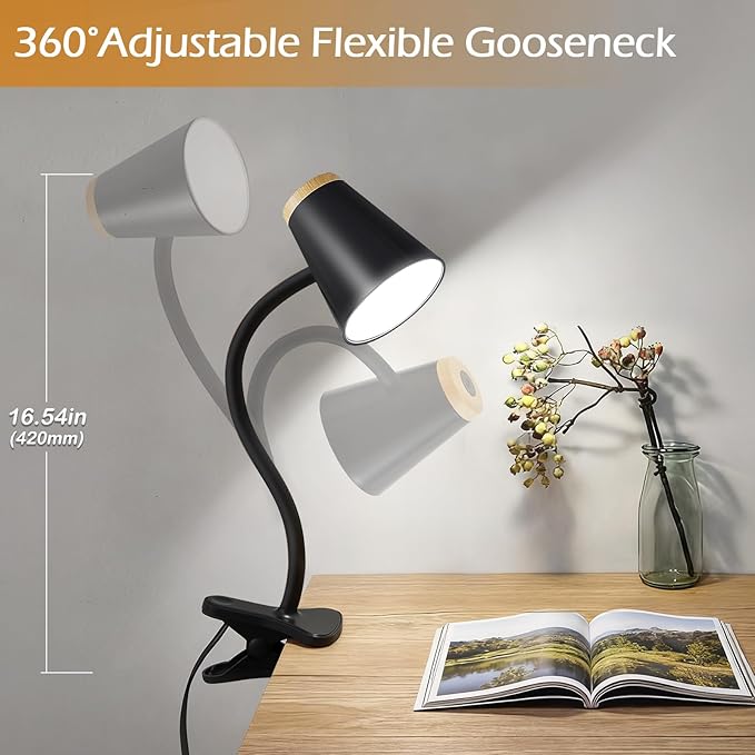 EJIAXIN Clip on Desk Lamp for Home Office - Small LED Touch Dimmable Reading Light for College Dorm Room - Adjustable Flexible Gooseneck Clamp Light Table Lamp for Bedside Bedroom Bed Headboard Black