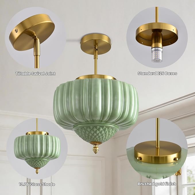 Green Glass Pendant Light, 11.8 inch Pendant Light Fixture with Floral lampshade, Height Adjustable Brushed Gold Vintage Hanging Lamp for Dining Room Kitchen Island Bedroom Living Room Entryway