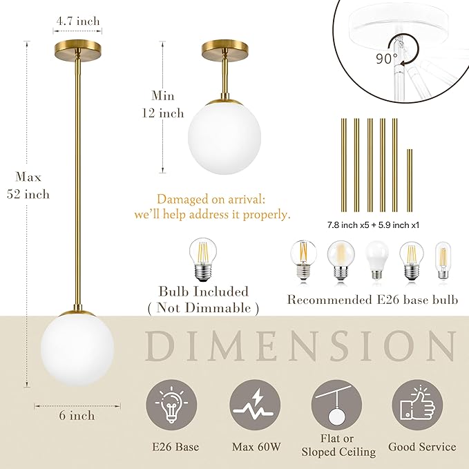 Bagood 6" Globe Pendant Light Gold 2 Pack Mid Century Pendant Light Globe Pendant Lights Kitchen Island Brushed Brass Finished with Milk Glass Adjustable Ceiling Light Fixtures for Dining Room Bar