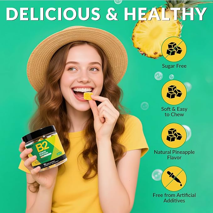 Gummies de Riboflavine Vitamine B2 400 mg pour Adultes et Enfants | Supplément Migraine avec Magnésium, Curcuma, Poivre de Cayenne, Pétasite pour l'Énergie et le Soutien Nerveux | Végan, Sans Sucre, 90 Pièces