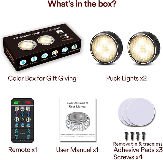 TECOMLIGHT LED Puck Lights with Remote Control, Battery Operated Wireless Closet Lights, Under Cabinet Lighting Stick on Tap Push Light, Color Changing Under Counter Light for Kitchen, 2 Pack - Black