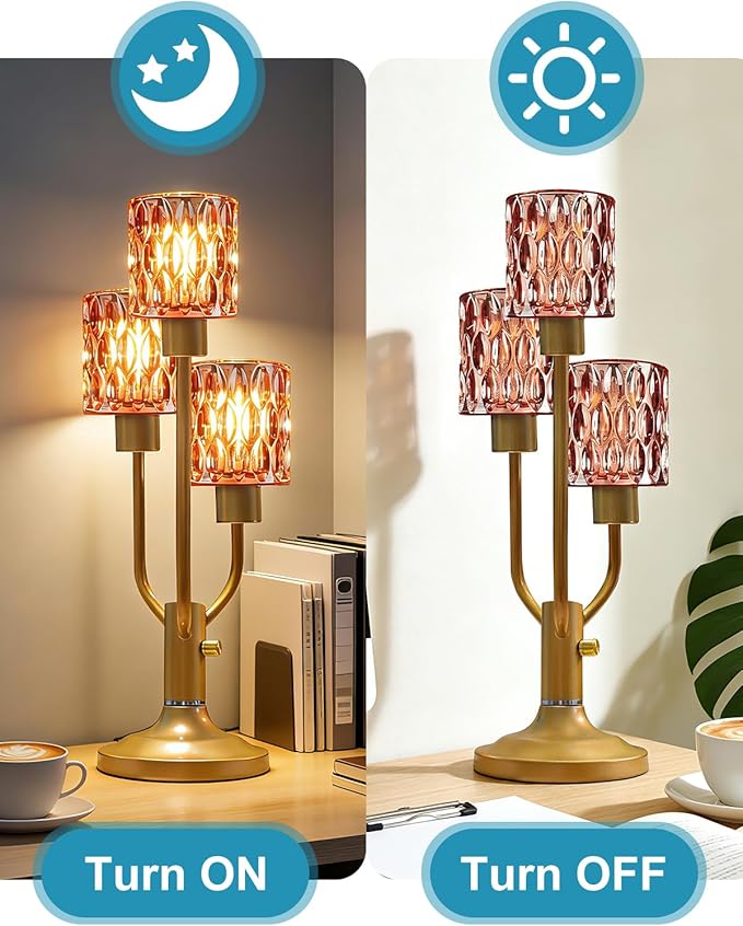 Mid Century Modern Table Lamp Dimmable Nightstand Lamp Gold Vintage Desk Lamp with Red Glass 3 Bulbs Included Warmwhite Ambient Bedside Lamps for Living Room Bedroom Office Home Decor