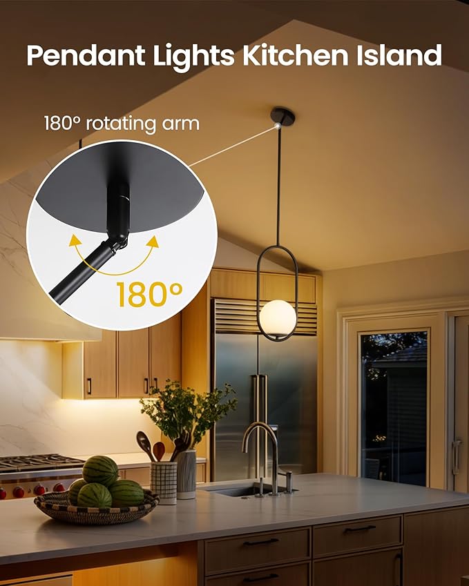 Yunnix Pendant Lights Kitchen Island, Pendant Light Fixtures, Modern Black Globe Glass Pendant Lighting, Mid Century Chandelier One Light for Bathroom Bedroom Dining Room(Bulb Not Included)