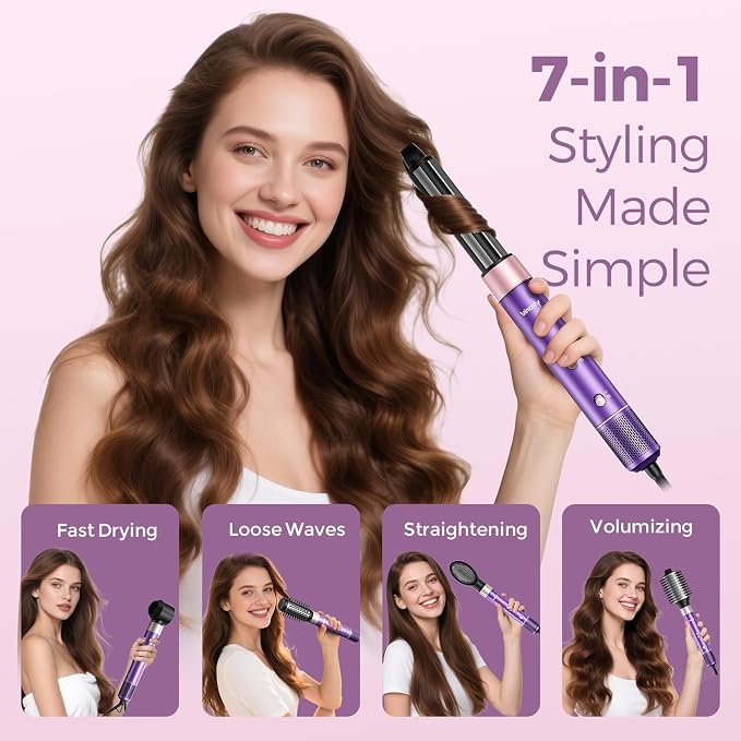 Vincofy 7 in 1 Blow Dryer Brush Set – Hot Air Styler for Fast Drying, Curling, Straightening & Volumizing – Ionic Hair Dryer Brush with 1500W Power – No Heat Damage for All Hair Types – Lilac