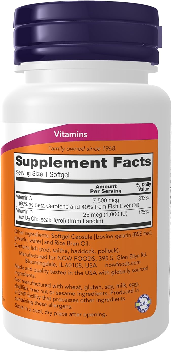 NOW Foods Suppléments, Vitamine A et D3 25 000/1 000 UI, Santé oculaire*, Nutrition essentielle, 100 gélules