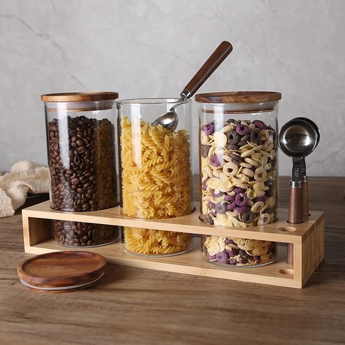 KKC Airtight Coffee Canister and Sugar Container Set with 3 Wooden Handle 1 TBSP Spoons - 3 Pack 39 oz Large Glass Storage Jars with Bamboo Stand, Countertop Coffee Station Organizer Bar Accessories