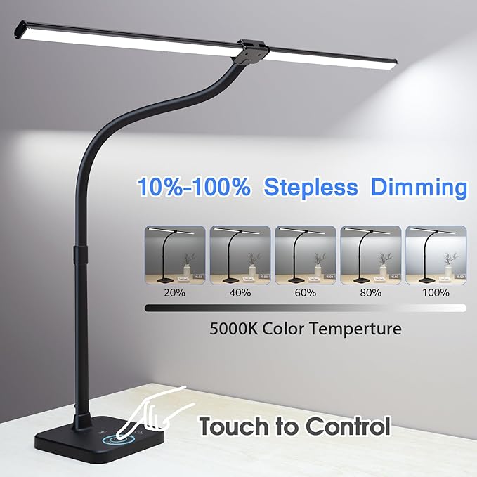 ShineTech LED Desk Lamp for Home Office, 24W Double Head Desk Light with Wireless Charging, USB Port, Adjustable Lamps, 5000K Daylight White