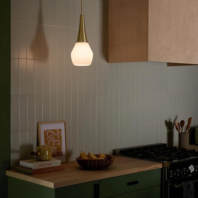 Kichler Deela Single Pendant Light Fixture for Kitchen Island with Satin Etched Cased Opal Glass in Champagne Bronze, Modern Hanging Lamp (7" x 17"), 52529CPZ