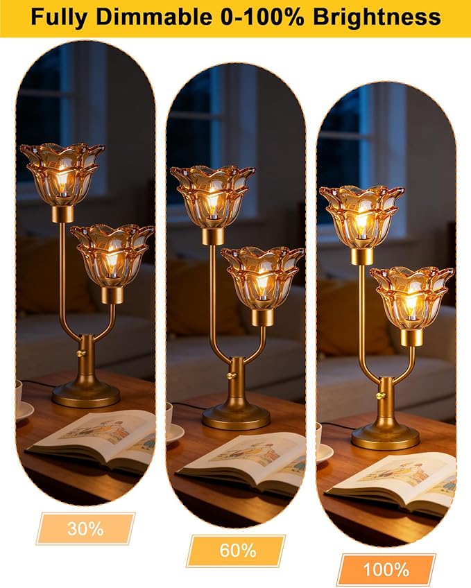 Lightdot Mid Century Modern Flower Table Lamp for Living Room Dimmable Nightstand Lamp Amber Glass Vintage Gold Desk Lamp 2 Bulbs Included Warmwhite Ambient Bedside Lamp for Bedroom Home Office Decor