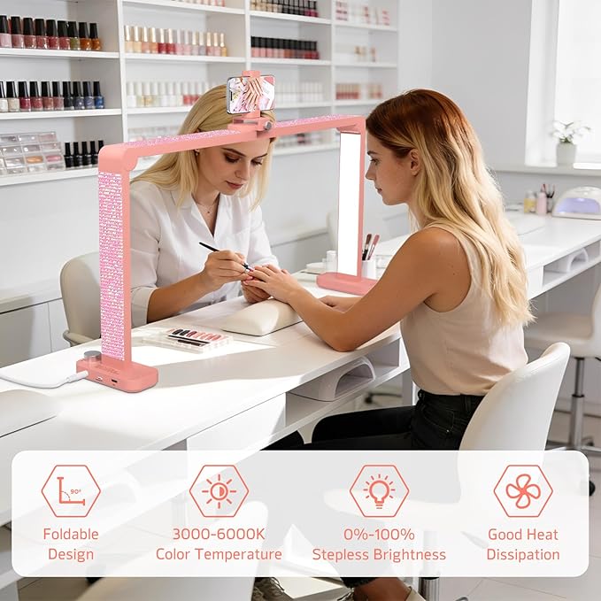 Half Moon Light for Nail Desk with Phone Holder, Large Square Nail Lamp for Desk, Professional Manicurist Desktop Lamp, LED Light Suitable for Manicures, Tattoos, and Sewing, Rhinestone Pink