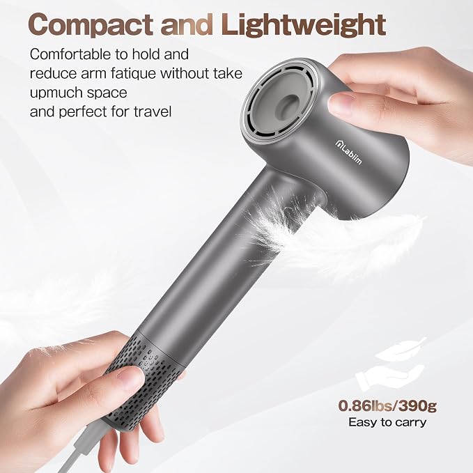 Labiim Hair Dryer, High-Speed Ionic Blow Dryer 110,000 RPM Brushless Motor for Fast Drying, 200M Ions Frizz & Thermo-Control HairDryer with Magnetic Nozzle, Quiet Compact for Home Travel, Gray