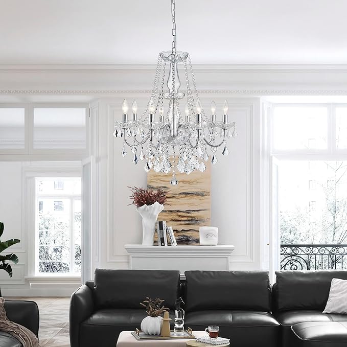 Modern Crystal Chandelier, 8-Light Crystal Chandeliers for Dining Room Light Fixture, Crystal Pendant Ceiling Light Chrome Lighting Fixture for Living Room Hallway Foyer Bedroom Kitchen Bathroom