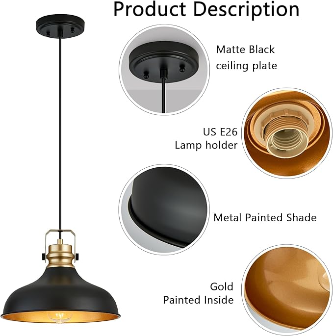 Black and Gold Farmhouse Pendant Lights Matte Pendant Lighting for Kitchen Island Industrial Adjustable Height Vintage Dome Hanging Light Fixtures for Barn, Dining Room 3 Packs