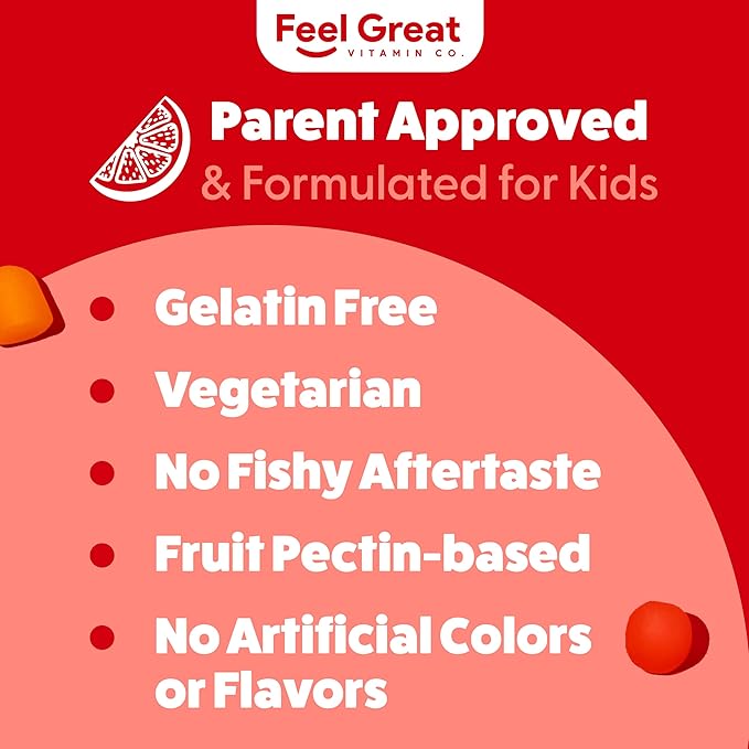 Feel Great Vitamin Co. キッズ用コンプリートDHAグミ | オメガ3 6 9 + DHA、ビタミンC配合 | 脳機能、視力、心臓の健康をサポート | グルテンフリー、ベジタリアン | 60粒