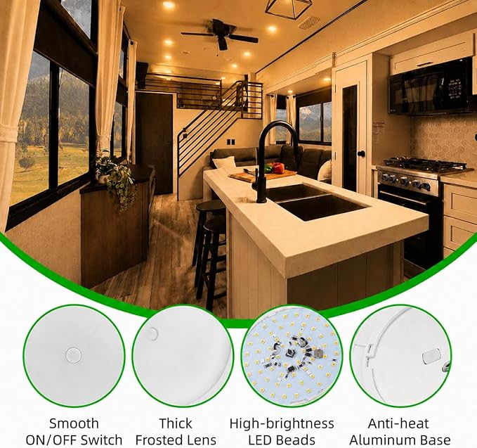 RV Puck Light 5Inch, Dimmable RV Light Fixture 12V, Camper Interior Lighting with Inbuilt Dimmer Switch, Led Ceiling Lighting for Boat Camper Trailer Car(Dimmable Warm White& Blue, 2PCS)