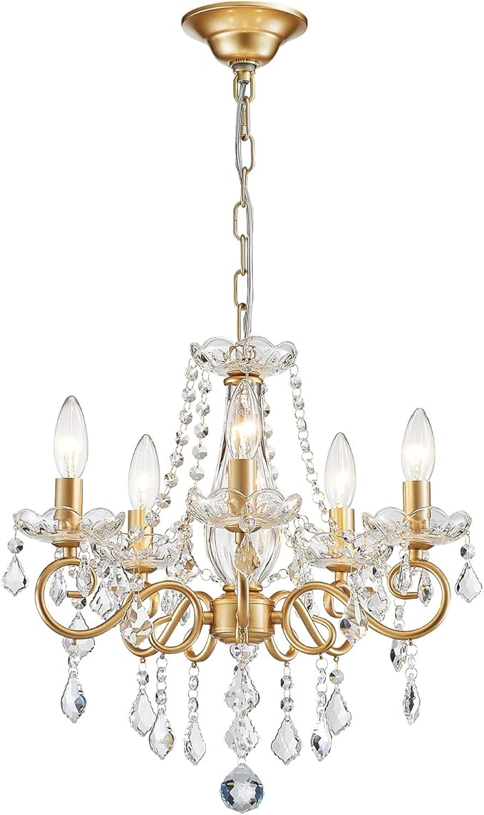 ANJIADENGSHI Mini Crystal Chandelier K9 Crystal Gold Chandelier for Living Room Bedroom Dining Room Kitchen Island Entryway 5 E12 Bulbs High 16.5 in x Diameter 16.9 in, Golden