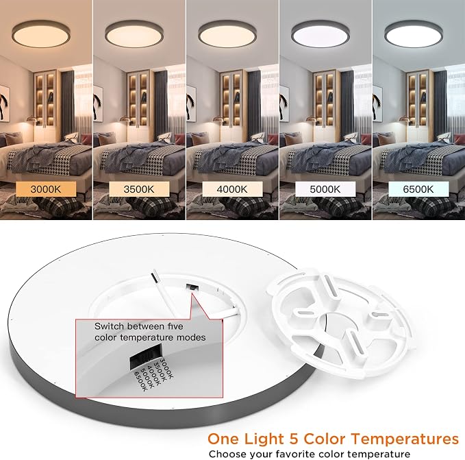 TALOYA Black 6 Pack Led Ceiling Fixture Flush Mount for Kitchen Living Room Garage Foyer, 3000K/3500K/4000K/5000K/6500K 5-in-1 CCT Selectable, 12 Inch 20W Ultra-Thin Surface Mounted Light Fixture