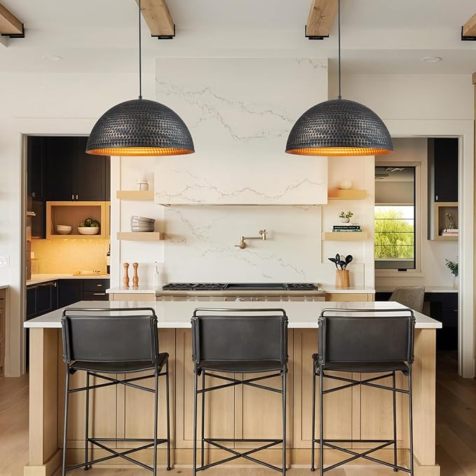 Lingkai 15.7 in. Black and Gold Hammered Pendant Light Fixtures, Industrial Metal Dome Shade, Pendant Lights Kitchen Island, Pendant Light for Kitchen Island and Dining Room