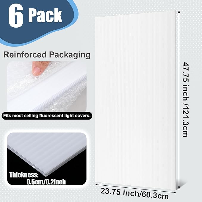 Pushglossy 6 Pack 23.75" x 47.75" x 0.2" Fluorescent Light Covers Classroom Office Diffuser Panels for 2x4ft Drop Ceiling Light Fixture Polycarbonate Replacement Cover for Hospital Home (Milky White)