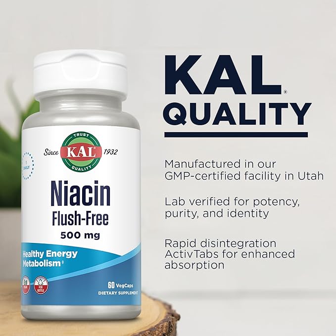 KAL ナイアシン 500mg フラッシュフリー - ビタミンB3サプリメント - 代謝とエネルギーのサポート - 肌、神経、消化器系の健康と血行をサポート - ヴィーガンビタミン、60日間保証、60回分、60粒ベジカプセル