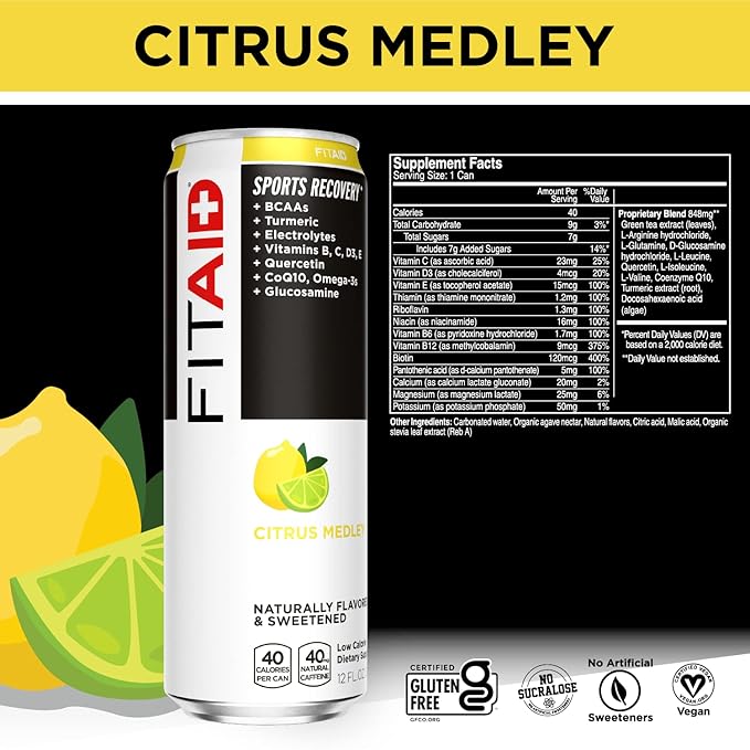 FITAID Post Workout Recovery Drink, Strawberry Lemonade, BCAAs, Glucosamine, Electrolytes, All In One Can, Paleo, Vegan & Gluten-Free, 40 Calories, 12 Fl Oz (Pack of 24)