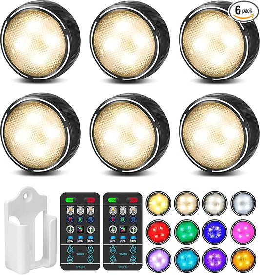 TECOMLIGHT LED Puck Lights with Remote Control, Battery Operated Wireless Closet Light, Under Cabinet Lighting Stick on Tap Push Lights, Color Changing Under Counter Light for Kitchen, 6 Pack - Black