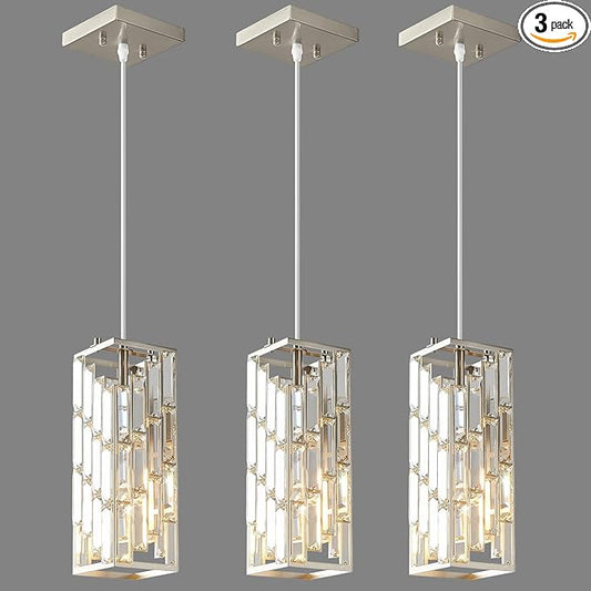 Brushed Nickel Pendant Lighting Modern Pendant Light, Mini Crystal Chandeliers, Adjustable Pendant Light Fixture for Kitchen Island Dinning Room Bedroom (3 Pack)