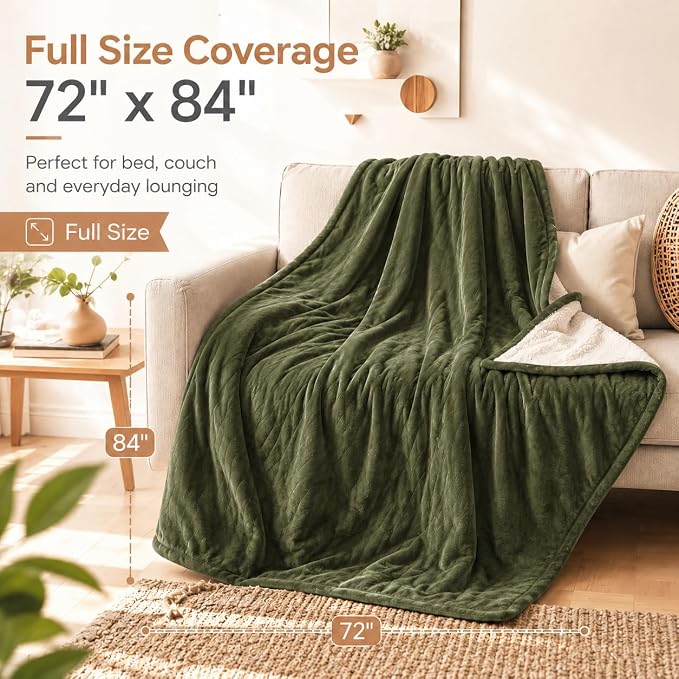 Electric Heated Blanket 72"x84" Full Size, Dual-Sided Flannel & Sherpa, 6 Heat Settings & 1-10H Auto Off, Soft Warm for Home, Office, Bed, Couch, Machine Washable, Ideal Winter Gift, Olive Green
