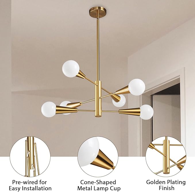 KAISITE Sputnik Chandelier Modern Gold Chandelier 6-Light E26 Mid Century Ceiling Light Fixture Height Adjustable Hanging Pendant Lighting for Dining Room Kitchen Island Bedroom Office