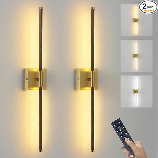 15800 mAh Battery Operated Wall Sconces with Remote Control Dimmable Battery Powered Cordless Rechargeable Wall Sconces Set of Two 3000K LED Walnut Wood and Brass Gold Wireless Wall Light for Bedroom