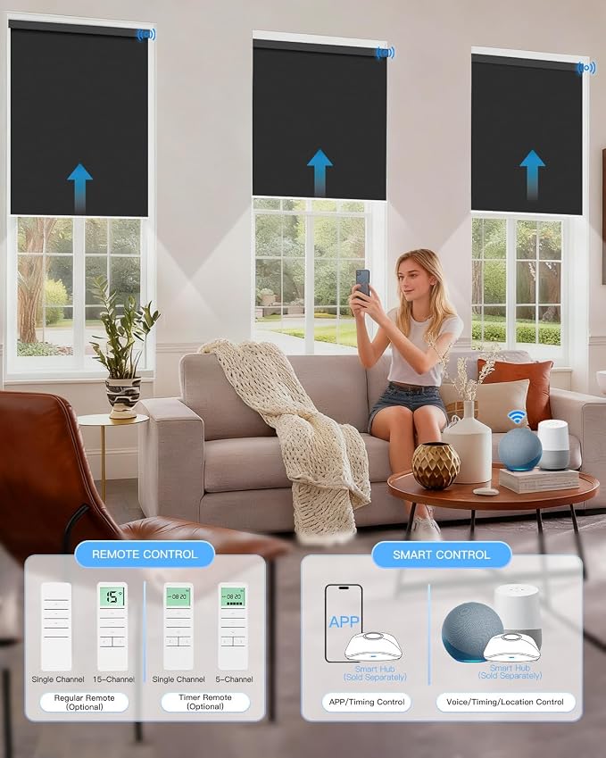 Tokblind Motorized Roller Shade with Remote Control, Blackout Electric Shade for Windows Compatible with Alexa Google via Hub, Rechargeable Smart Window Blind for Home Office (Vinyl Black)