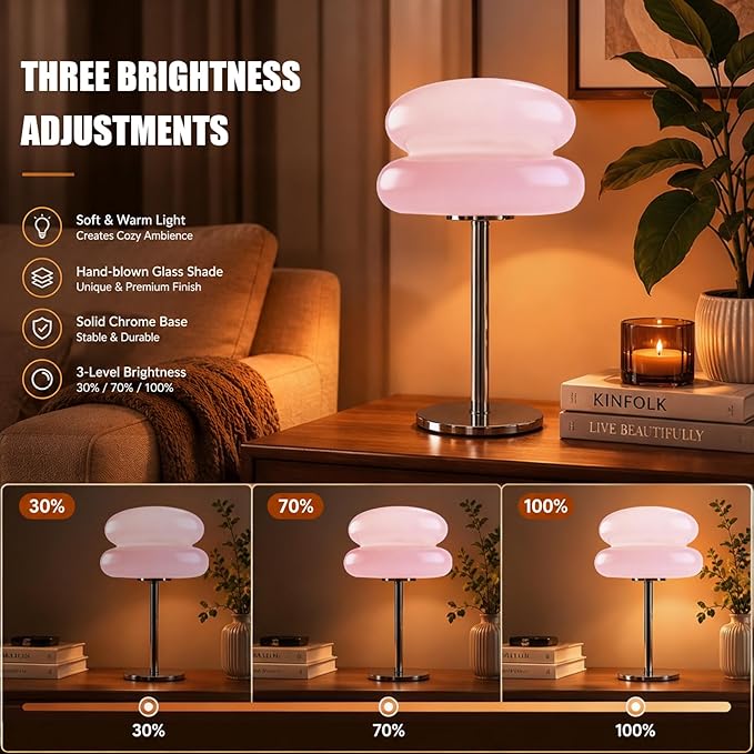 Bedroom Mushroom lamp, Medieval Modern Bedside Table lamp, dimmable Retro Egg Tart Headlight, Unique Home Mushroom Decoration Aesthetic Lovely Living Room Desk lamp (Pink)