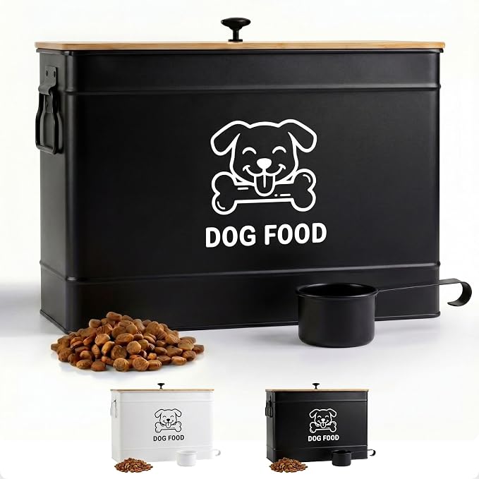 Dog Food Container Airtight 15 lb (50 Cup) Capacity with Metal Scoop - Cute Airtight Dog Food Storage Container with Bamboo Lid - Black Metal Kibble Storage Bin for Dogs up to 100 lbs - Big Pet Jar
