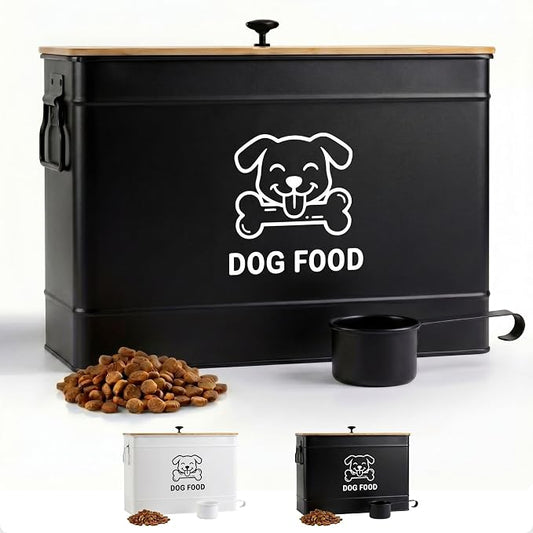 Dog Food Container Airtight 15 lb (50 Cup) Capacity with Metal Scoop - Cute Airtight Dog Food Storage Container with Bamboo Lid - Black Metal Kibble Storage Bin for Dogs up to 100 lbs - Big Pet Jar