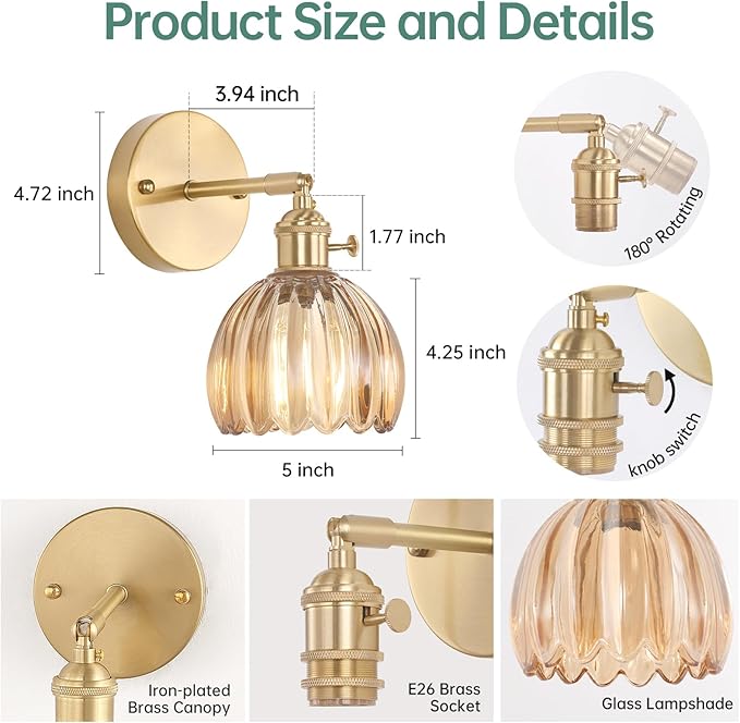 Shenmoyl Vintage Wall Sconces Set of 2 with Amber Tulip Glass Lampshade 180 Degree Adjustable Brass Sconces Hradwired Modern Wall Lighting Fixture with Switch for Bedside Bedroom Doorway