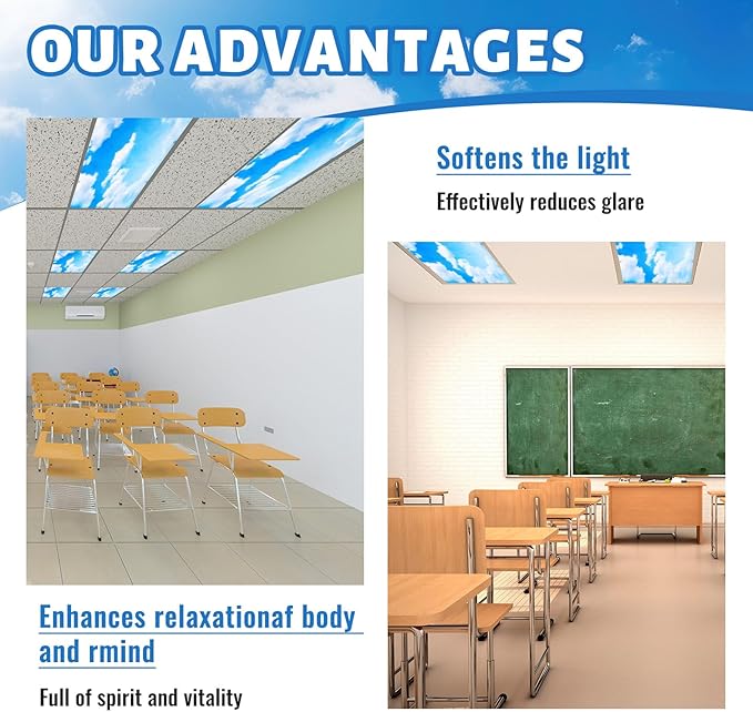 Hortsun 6 Pcs Fluorescent Light Covers - 4 x 2 Feet Magnetic Light Filters, Ceiling Lights Covers for Classroom Fluorescent Shade, Hospitals, School Office Cubicle Decor(Sky Cloud)
