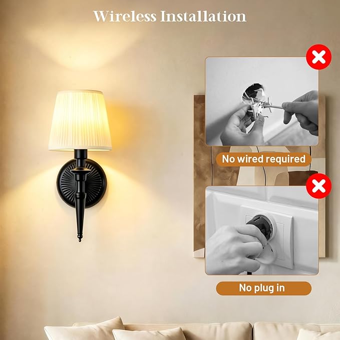 Battery Operated Wall Sconces Set of 2, Wireless Rechargeable Wall Lights with 12 RGB Colors and 3CCT Dimmable, Small Fabric LED Wall Lamps for Bedroom, Living Room, Hallway, Black