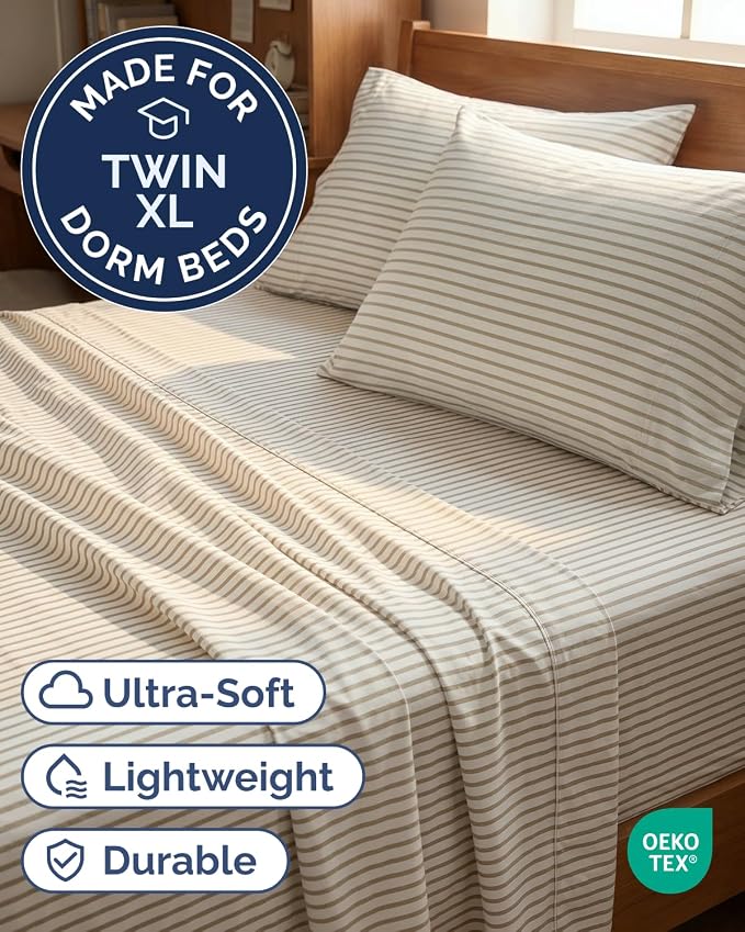 Twin XL 4 Piece Sheet Set - Comfy Breathable & Cooling - Soft Hotel Luxury Bedding Set w/ 8-16 Inch Deep Pockets - 1 Flat & 1 Fitted Sheet & 2 Pillowcases - Wrinkle Free & Easy Care - Beige Stripes 2
