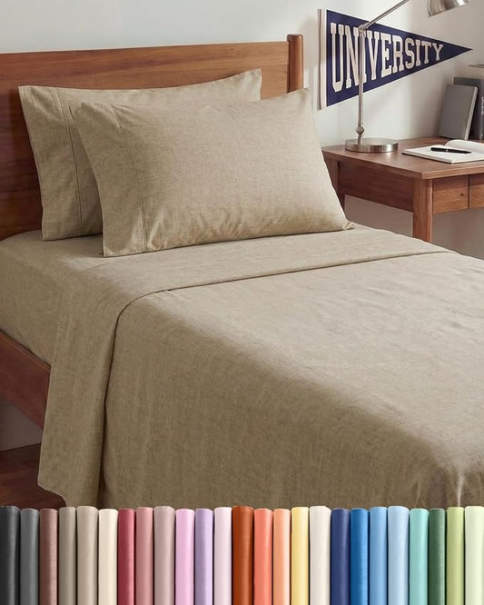 Twin XL 4 Piece Sheet Set - Comfy Breathable & Cooling - Soft Hotel Luxury Bedding Set w/ 8-16 Inch Deep Pockets - 1 Flat & 1 Fitted Sheet & 2 Pillowcases - Wrinkle Free & Easy Care - Heathered Beige